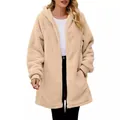 Oversized cozy beige fleece hooded jacket with zipper and front pockets for winter wear - S / Tops / Apricot