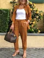 Fall casual two-piece set featuring brown linen shirt and matching trousers on model - Amber