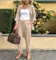 Women's casual beige long-sleeve button-down shirt and matching trousers street set - 2XL / Top And Bottom (609) / Khaki