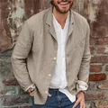Close-up of men's casual linen blazer featuring wrinkled texture and button details - S / Tops / Khaki