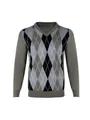 Classic men's V-neck argyle pattern long sleeve knit sweater in gray and black shades - S / Tops / Gray