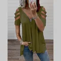 Camiseta sexy con cuello en V, cremallera y hombros descubiertos en verde oliva top - Verde