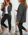 Elegant women's two-piece casual suit featuring a printed blazer and black trousers - Polka Dot Print