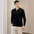 Premium men's black half-zip polo knit sweater featuring long sleeves and slim fit design - S / Tops / Black