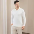 Men's slim-fit white quarter-zip long-sleeved knit polo sweater for casual business wear - S / Tops / White