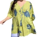 Floral print cotton linen V-neck short sleeve blouse in lime green for stylish women - S / Tops / Yellow