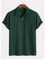 Detailed view of dark green men's textured knit polo shirt with vertical stripe pattern - S / Tops / Green