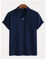 Detailed view of navy blue men's knit polo shirt with vertical stripe knit texture - S / Tops / Navy Blue