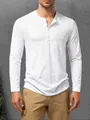 Front view of men's casual white long-sleeve Henley t-shirt with button neckline - S / Tops / White