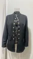 Elegant black women's stand-collar blazer featuring decorative gold double-breasted buttons - S / Tops / Black