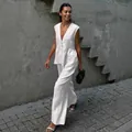 Elegant white V-neck sleeveless top and wide-leg trousers linen set for women fashion - S / Top And Bottom / White