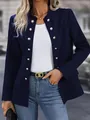 Elegant navy blue stand collar double breasted jacket for women in casual style - S / Tops / Black