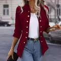 Elegant burgundy stand-collar double-breasted blazer jacket for women, stylish office wear - S / Burgundy