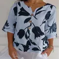 Light blue floral printed cotton linen V-neck short sleeve shirt with wooden buttons. - 3XL / Tops / Light Blue