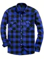 Men's classic casual blue and black buffalo plaid long sleeve shirt with chest pockets - S / Blue
