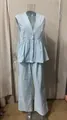 Elegant sky blue two-piece cotton set with sleeveless peplum vest and wide-leg pants - Light Blue