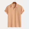 Men's peach textured knit short sleeve shirt with vertical stripes and polo collar - S / Tops / Orange