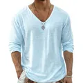 T-shirt bleu clair pour hommes avec col en V, manches longues et texture respirante - Bleu clair