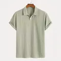 Sage green men's breathable knit polo shirt with textured vertical stripe pattern - Light Green