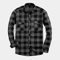 Men's premium grey and black buffalo plaid long-sleeve casual shirt with chest pockets - S / Tops / Dark Gray