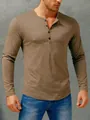 Slim fit long sleeve khaki Henley shirt for men with four-button placket detail - Khaki