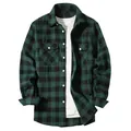 Men's casual green and black buffalo plaid flannel shirt with front pocket - S / Tops / Army Green