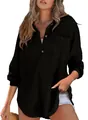 Lässiges schwarzes Waffelstrick-Langarmshirt für Damen mit Knopfleiste und Tasche - S / Oberteile / Schwarz