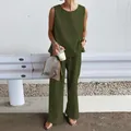 Two-piece casual sleeveless top and wide-leg trousers set in olive green - XS / Top And Bottom (Sleeveless) / Army Green