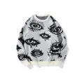 Lockerer Strickpullover im Streetwear-Stil mit dunklen Augen-Grafikmustern in Weiß und Schwarz - S / Oberteile / Grauweiß