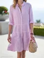 Fashionable women's pink and white vertical striped tiered shirt dress with button-up front - XL / Dresses / Pink