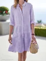 Detail of a purple and white striped tiered shirt dress with button-down front. - S / Dresses / Purple