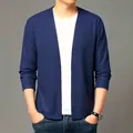 Men's navy blue waffle knit cardigan in a minimalist casual open-front style - S / Tops / Blue