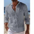 Gedetailleerd overzicht van een grijs linnen herenhemd met lange mouwen op het strand - M / Tops / Grijs