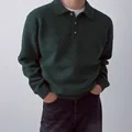 Casual dark green men's polo knit sweater featuring a classic three-button turnover collar - S / Tops / Dark Green