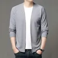 Men's casual grey knitted cardigan with long sleeves and solid color open front design. - S / Tops / Light Gray