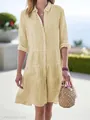 Casual yellow and white vertical striped tiered shirt dress for women in autumn - S / Dresses / Yellow