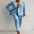 Elegant baby blue professional two-piece suit set for women featuring double-breasted blazer - Sky Blue