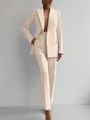 Elegant beige double-breasted blazer and matching tailored trousers two-piece set - S / Top And Bottom / Apricot