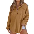 Lässiges langärmeliges Damen-Waffelstrick-Oberteil mit Brusttasche in Senfgelb - Camel