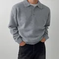 Grey knit men's polo neck sweater with relaxed fit and three-button placket detail - S / Tops / Light Gray