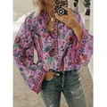 Detailed view of women's purple peacock floral print loose long sleeve blouse top shirt - S / Tops / Purple