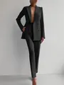 Full view of a sleek black professional two-piece blazer and trousers suit for women. - S / Top And Bottom / Black