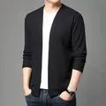 Men's casual black waffle knit cardigan sweater, open-front long sleeve lightweight jacket - S / Tops / Black