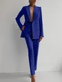 Professional cobalt blue women's two-piece suit set with double-breasted blazer. - Blue