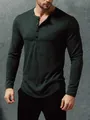 Men's dark green Henley long sleeve shirt with muscle fit and textured casual design - S / Tops / Grey Green