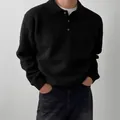 Men's minimalist black knit POLO collar sweater featuring a buttoned neck for stylish casual wear - S / Tops / Black