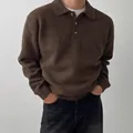 Men's casual brown polo collar knit sweater with buttoned neck and textured wool finish - S / Tops / Coffee