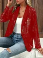 Élégant cardigan en dentelle rouge à manches longues avec devant ouvert pour femmes - S / Hauts / Rouge