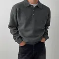Men's dark grey polo collar knit sweater in a relaxed casual fit, ideal for autumn layering. - Dark Gray