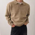 Stylish men's casual loose-fit polo collar knit sweater in khaki brown textured fabric - Tan